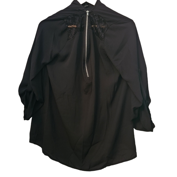 Emery Rose black long-sleeve v-neck  zip-up front blouse top - Picture 1 of 12